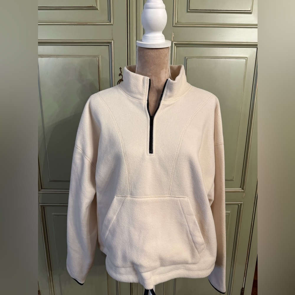 PINK- Cropped Ivory/Cream Half-Zip Sweater with pull drawstring